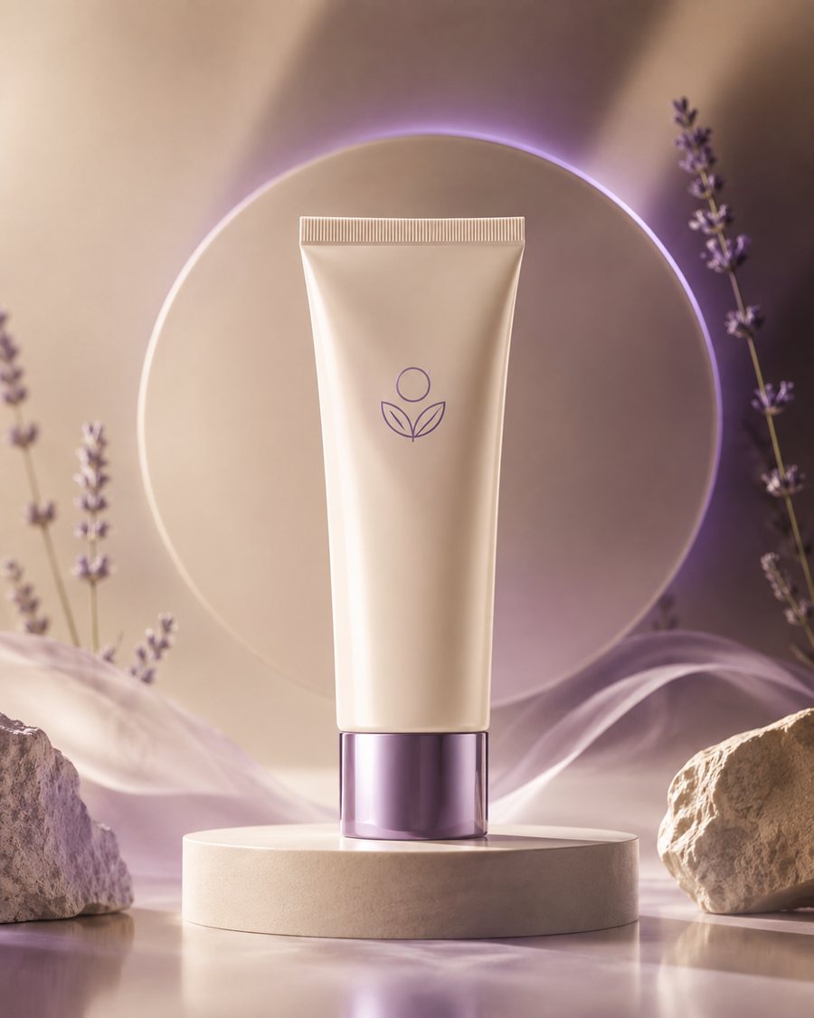 Pflegetube vor Lavendel und Steinen, Produktanzeige