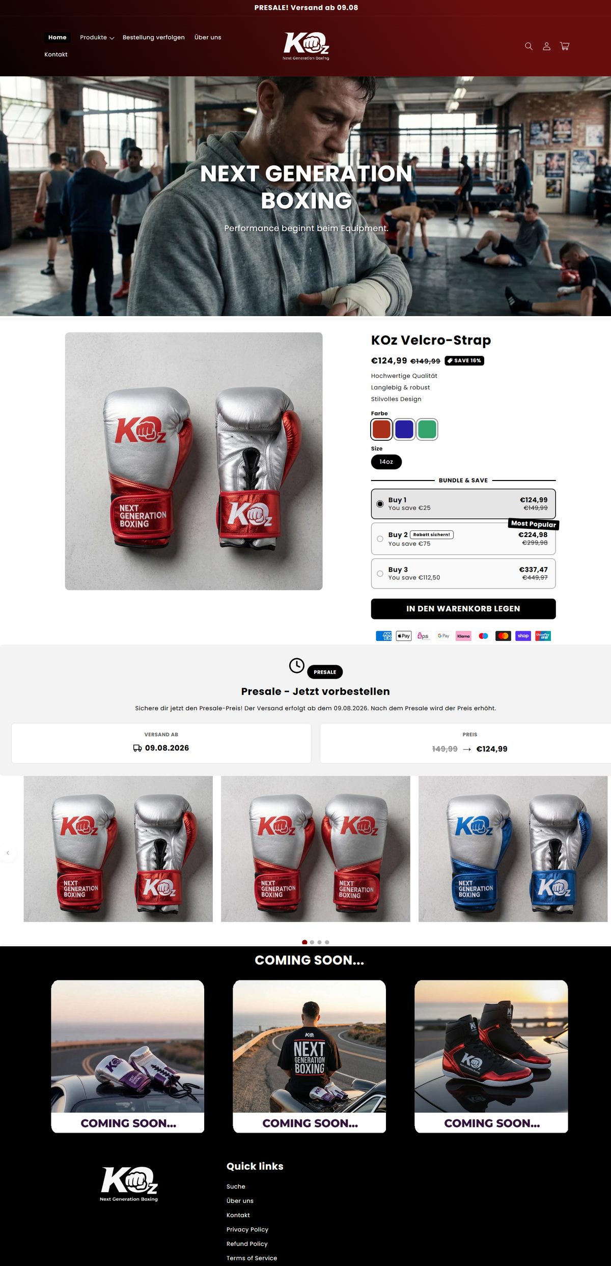 Startseite von kozboxing.com: Hero, Produktseite mit Bundle-Auswahl, Presale-Bereich und Footer