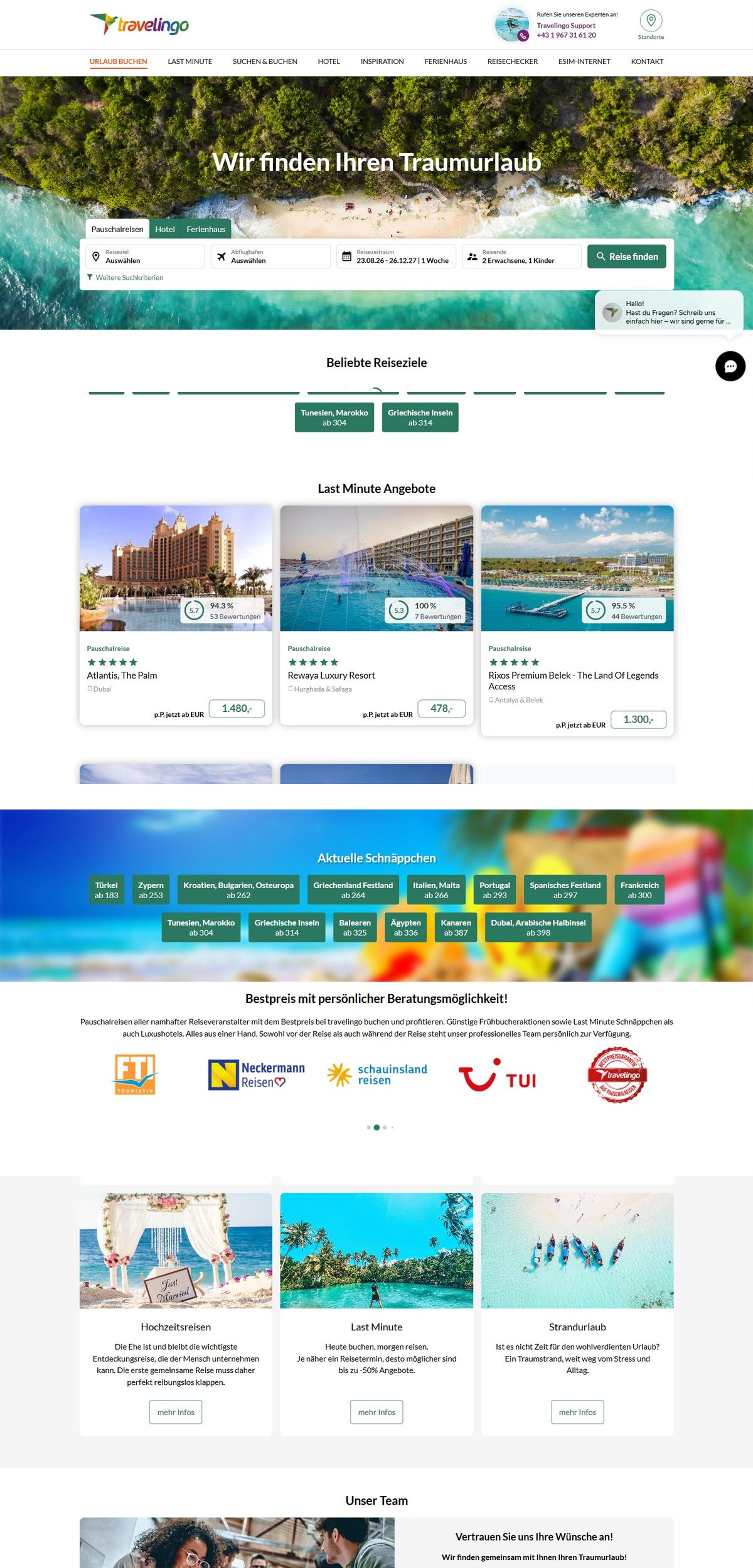 Startseite von travelingo.at: Reisesuche, Last-Minute-Angebote, Partner und Reisearten