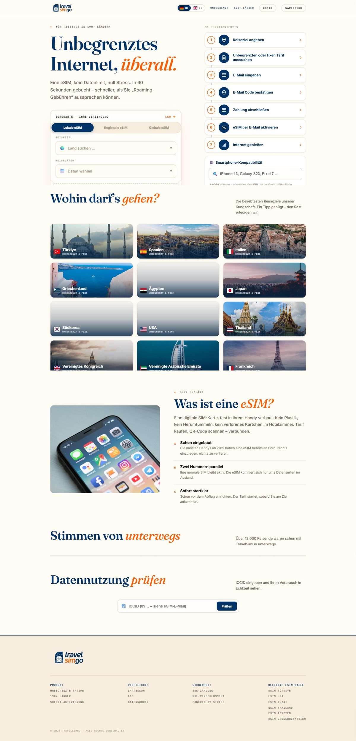Startseite von travelsimgo.com: Hero mit Tarifsuche, Länderauswahl, eSIM-Erklärung und Footer
