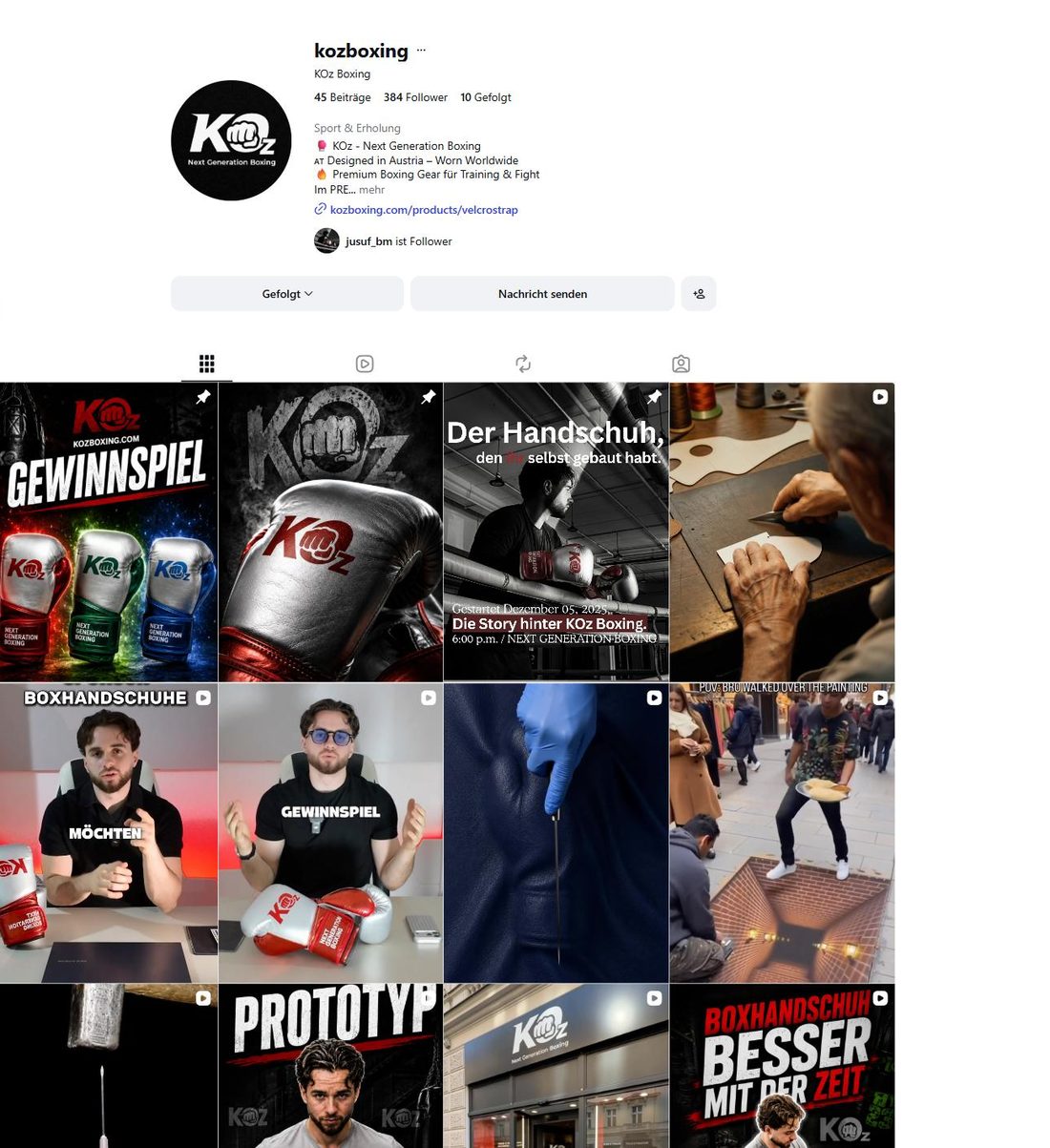 Instagram-Profil @kozboxing mit Produktbeiträgen und Reels