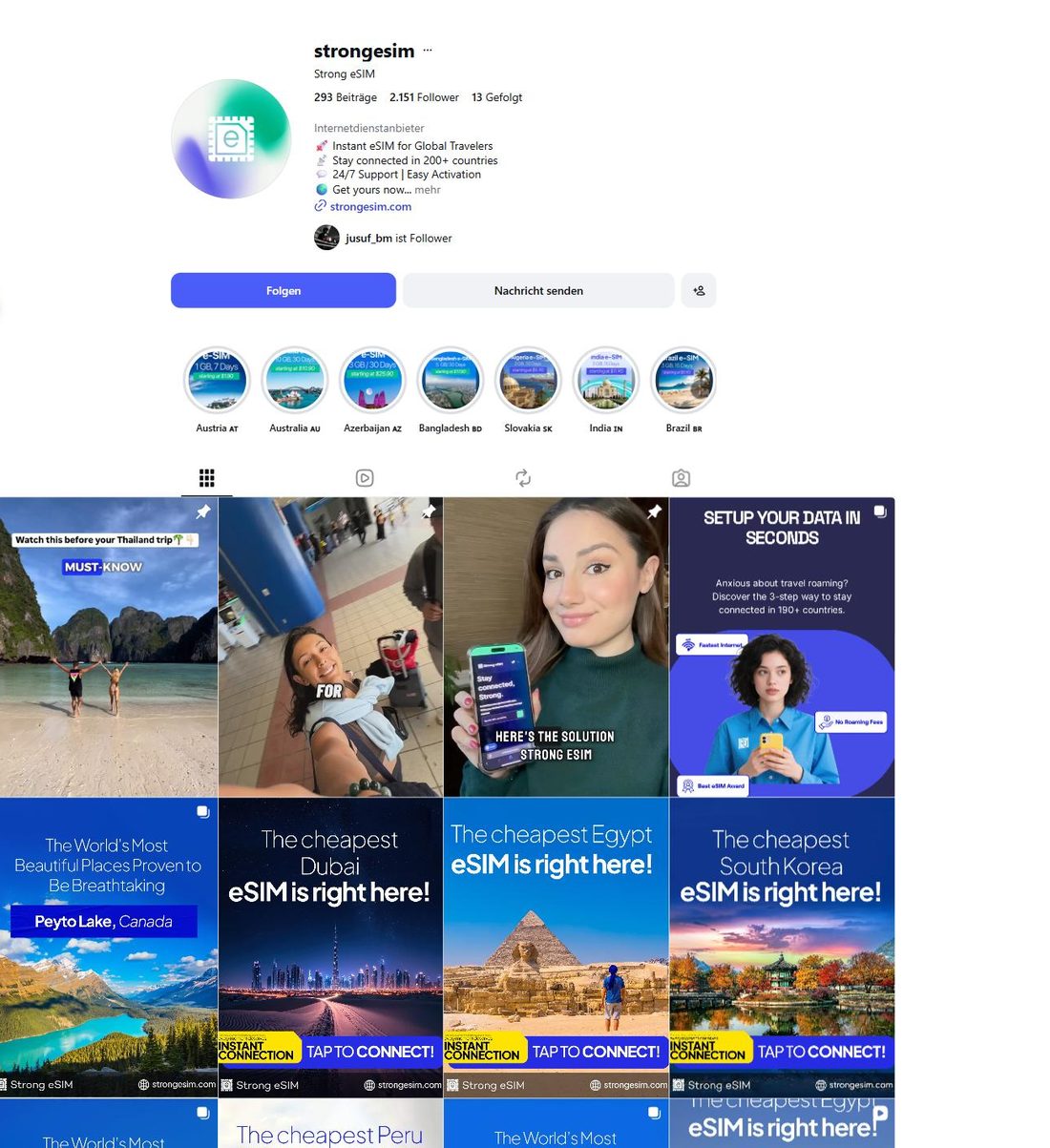 Instagram-Profil @strongesim mit Länder-Highlights und Kampagnenbeiträgen