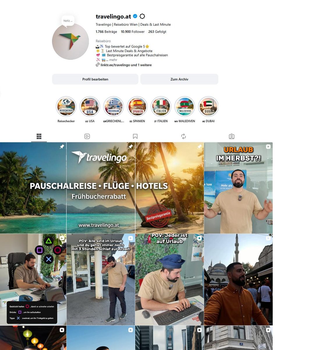 Instagram-Profil @travelingo.at mit Angeboten, Highlights und Reels